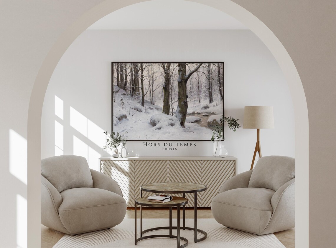 Quiet Winter Woodland Mossy Trees Rocky Stream Painting Poster - Image 2