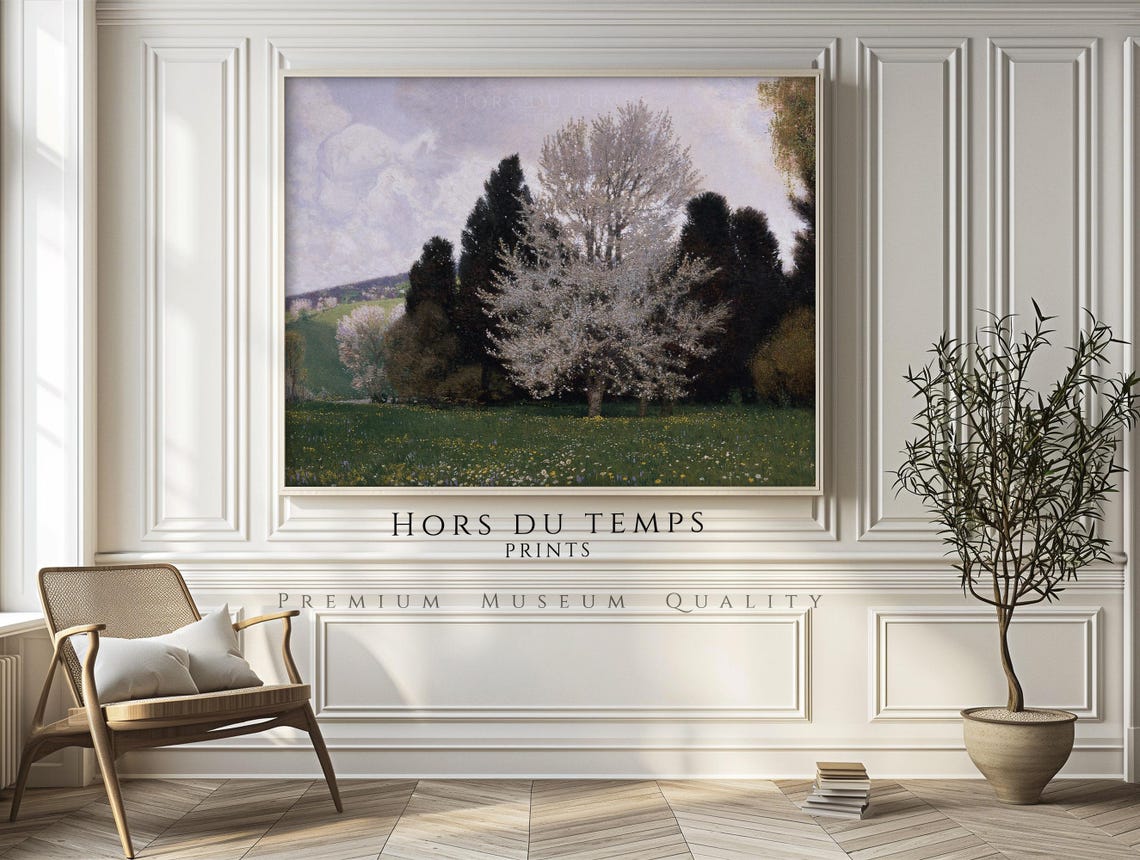 White Blossom Tree Dark Pines Wildflower Meadow Vintage Poster - Image 2
