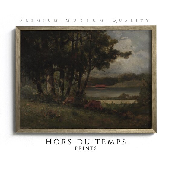 Cows Grazing Near The Riverbank Rustic Vintage Art Moody Dark Pastoral Landscape Hors Du Temps Prints