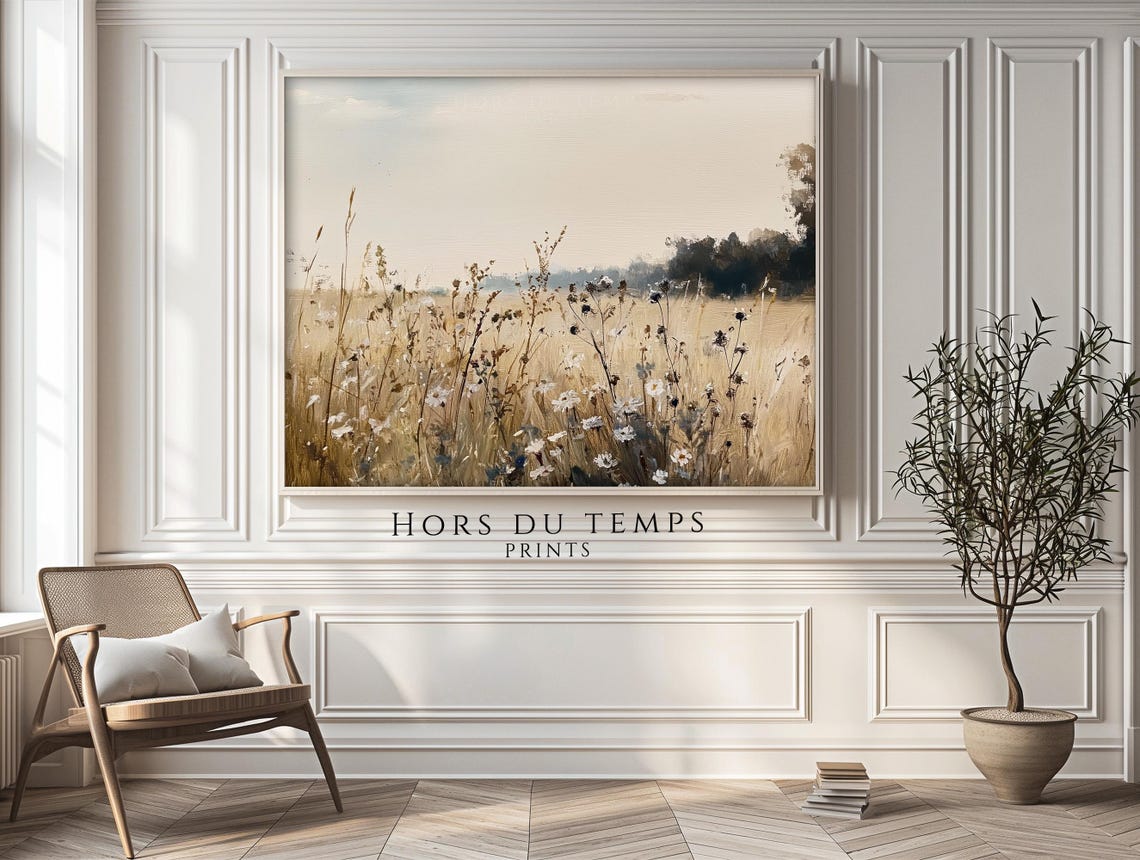 Golden Wheat Field with White Daisies Misty Vintage Painting Poster - Image 2