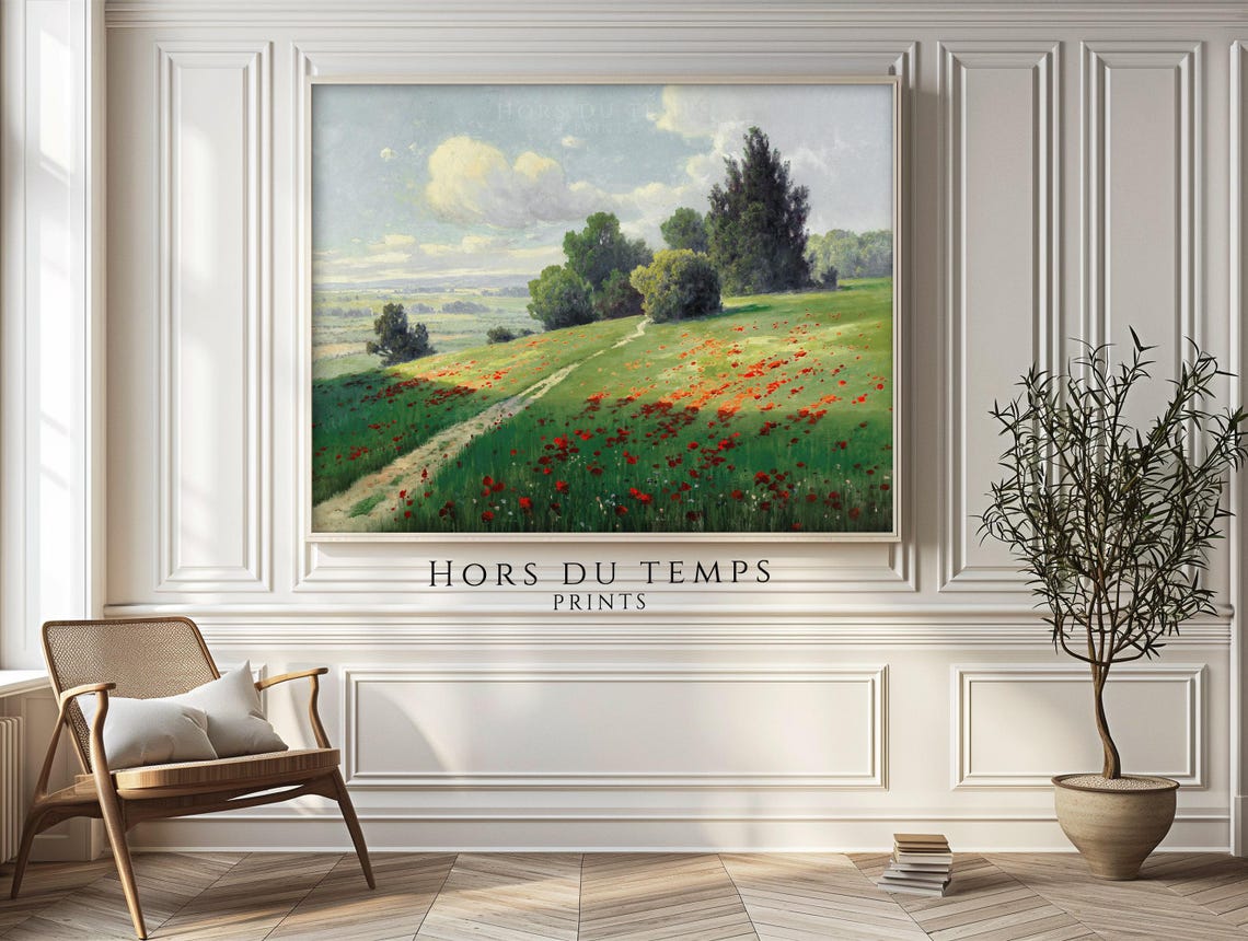 Red Poppy Meadow Path Summer Landscape Impressionist Painting Poster - Image 2