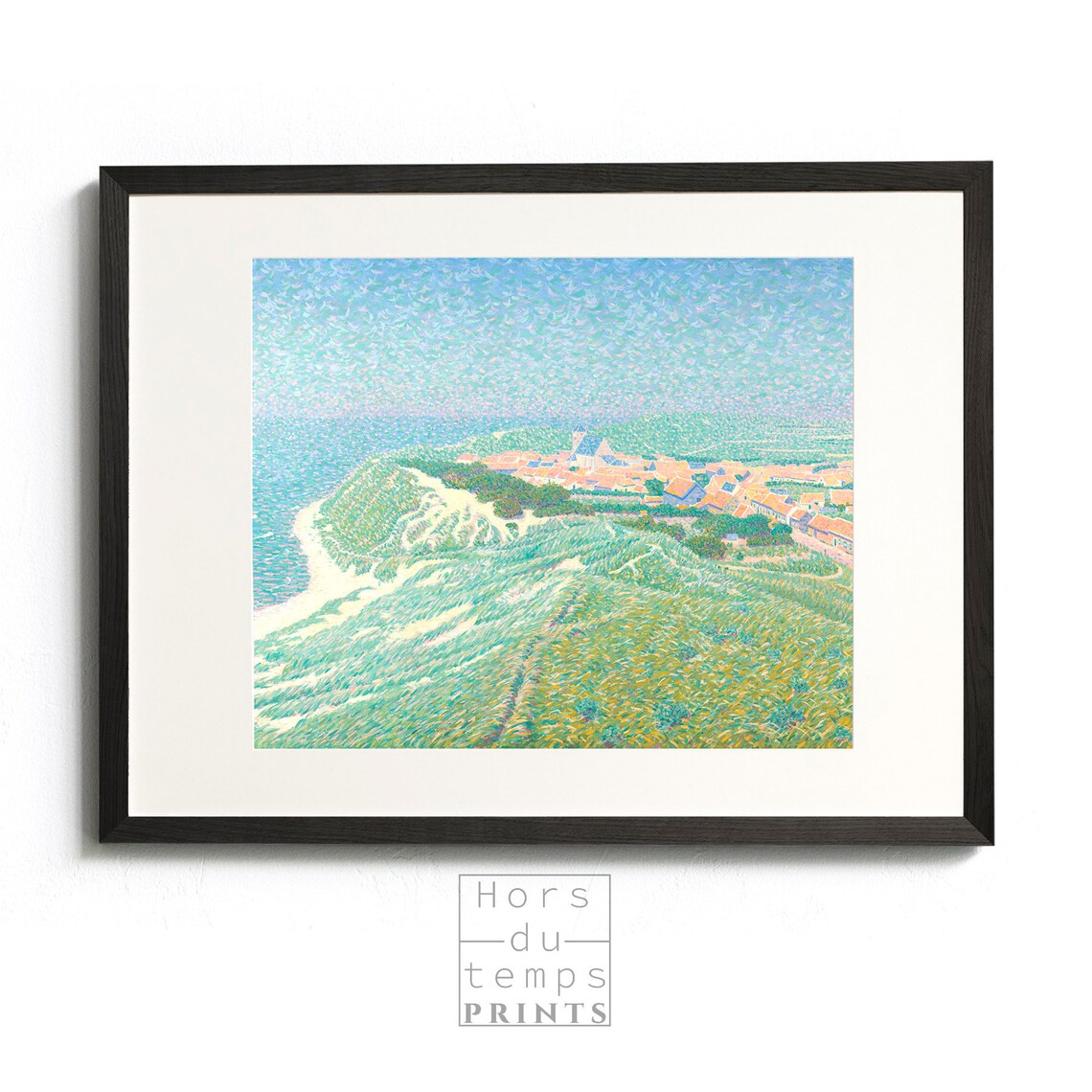 Sunlit Coastal Village Pointillist Style Seaside Cliff Landscape Poster - Image 2