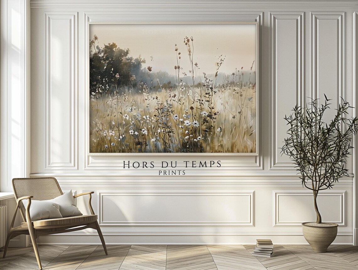 Golden Wildflower Field at Dawn Soft Sepia Vintage Painting Poster - Image 2