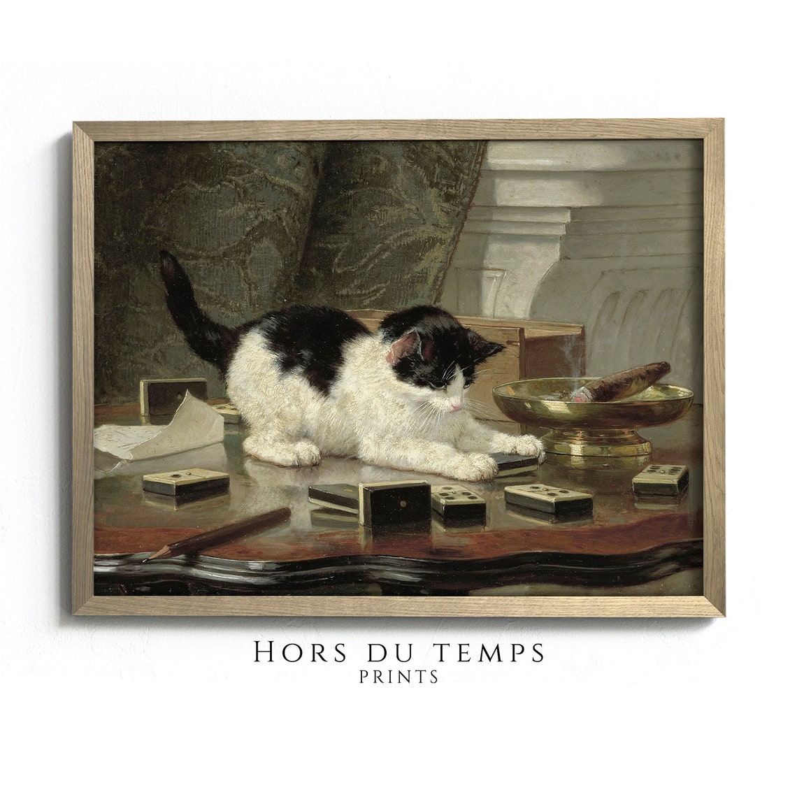 Playful Kitten and Dominoes Vintage Oil Painting Cat Lover Poster