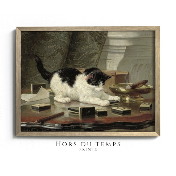 Playful Kitten and Dominoes Vintage Oil Painting Cat Lover Poster