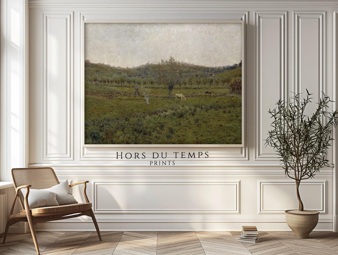 Vintage Sheep Meadow Lone Tree Hazy Hills Impressionist Poster - Image 2