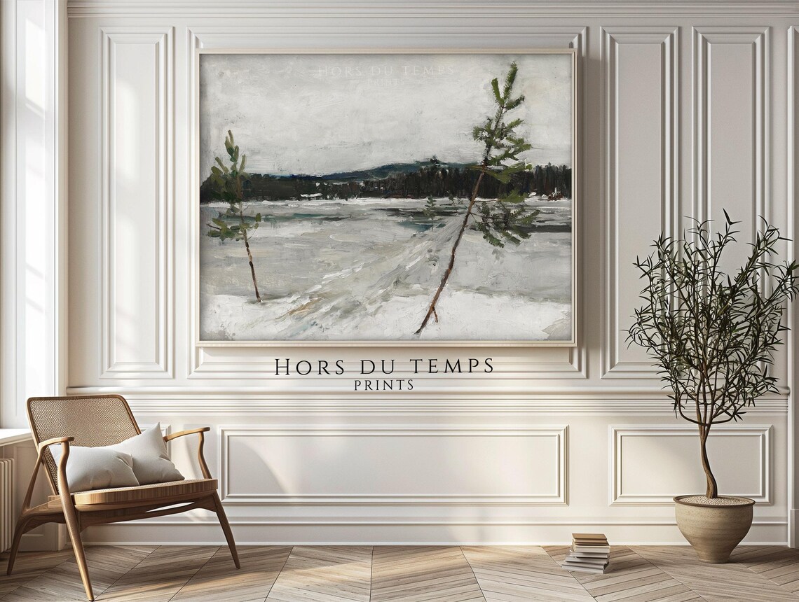 Winter Field Leaning Pines Frozen Lake Muted Snowy Meadow Oil Poster - Image 2