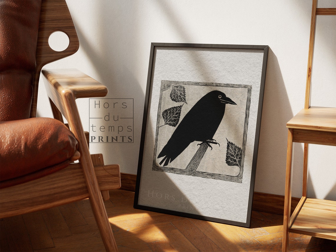 Black Crow Silhouette Woodblock Leaves Minimalist Bird Poster - Image 2