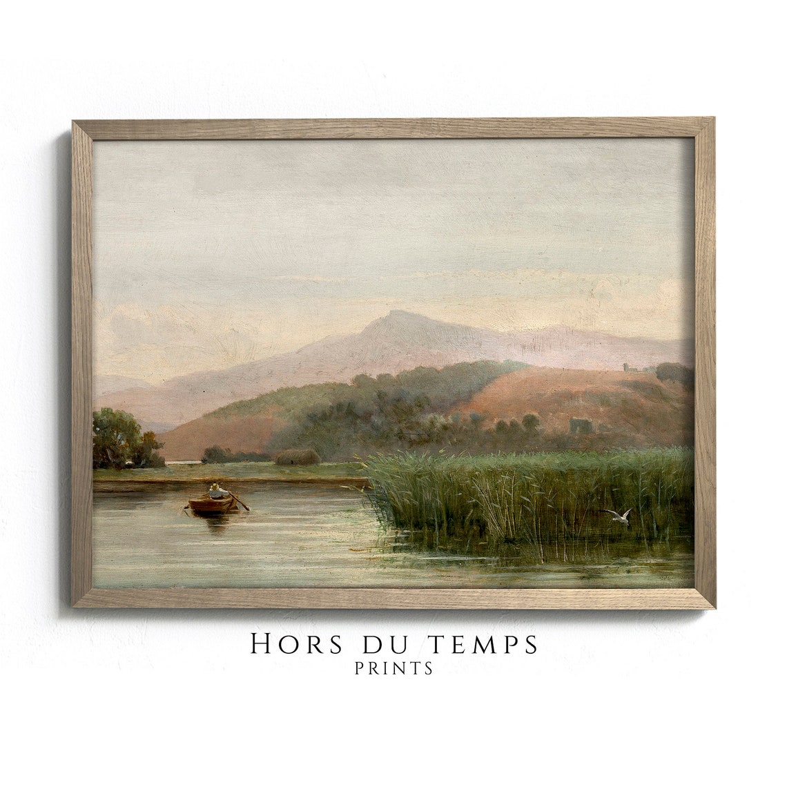Lone Rowboat Still Lake Reeds Mountain Vintage Waterscape Poster