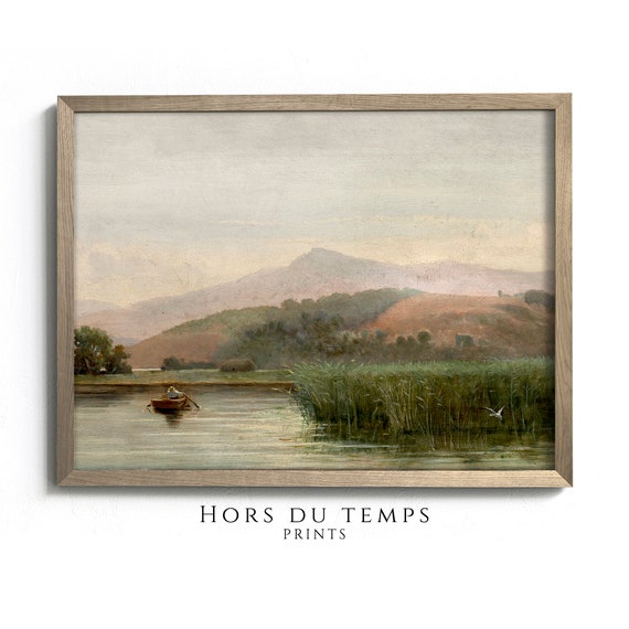 Man On A Boat Vintage Art Nature Landscape Painting Soft Pastel Palette Art Farmhouse Rustic Aesthetic Hors Du Temps Prints