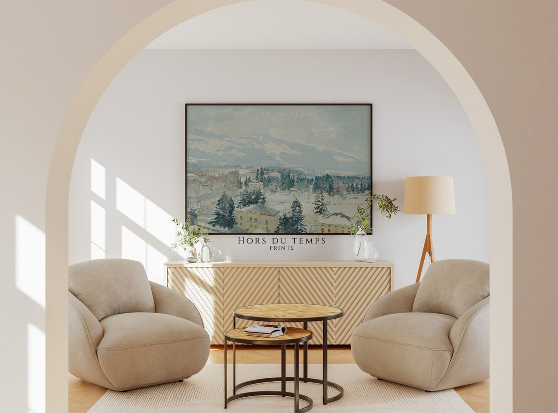 Alpine Village Valley Beneath Snowy Peaks Vintage Landscape Poster - Image 2