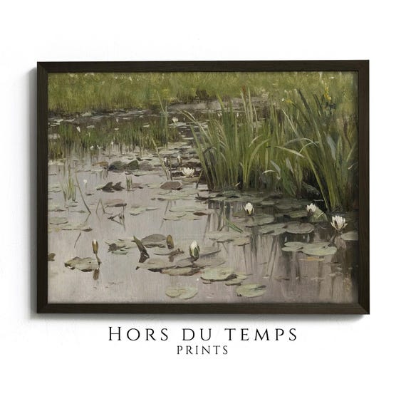 Water Lily Pond Landscape Painting Antique Art Village Farmhouse Rustic Aesthetic Hors Du Temps Prints