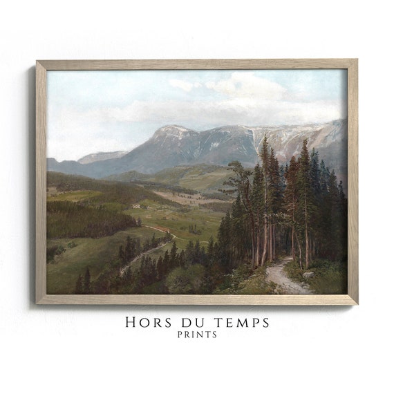 Vintage Mountain Hills Oil Painting Moody Cabin Art Forest Landscape Hors Du Temps Prints