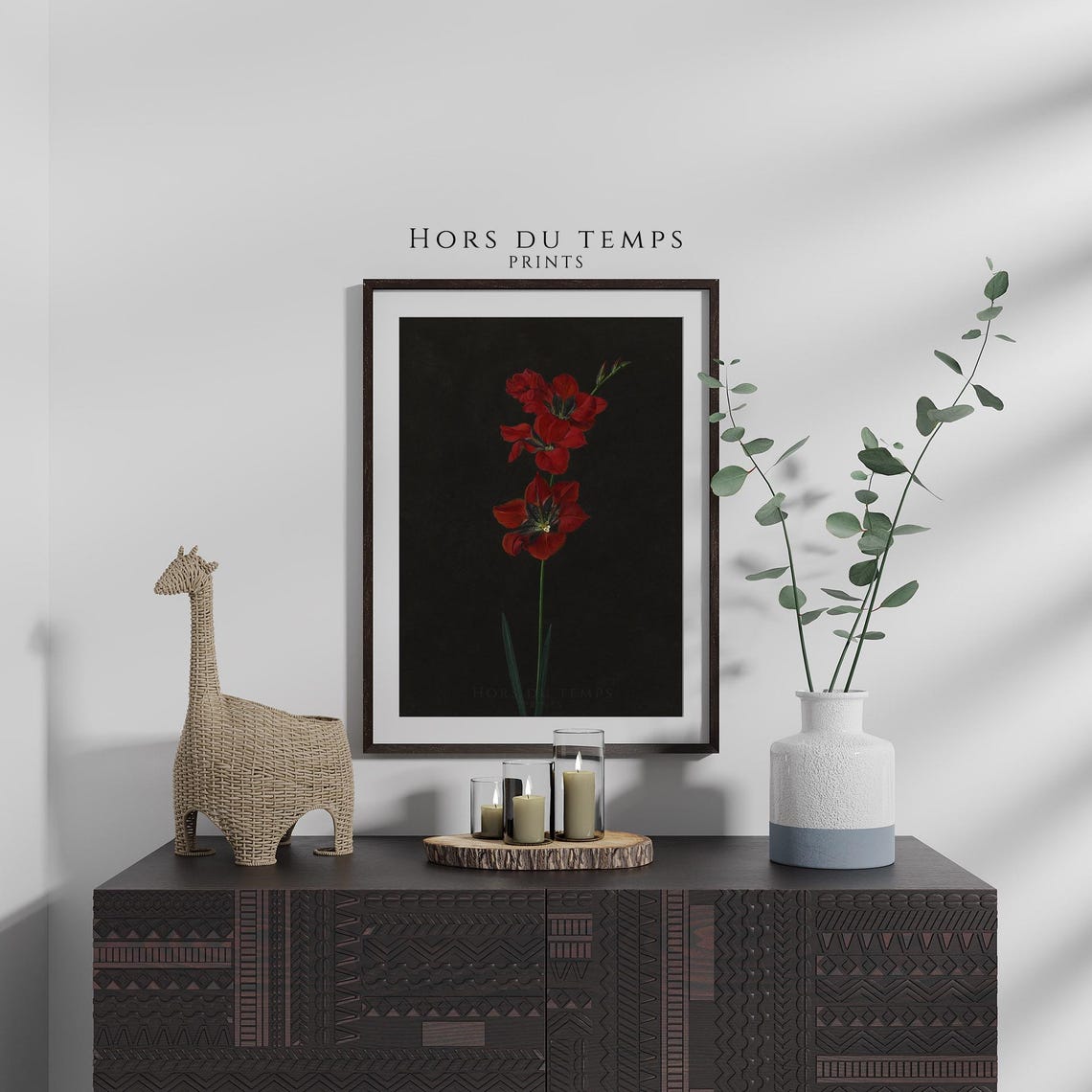 Red Gladiola Flower Stem Dark Black Background Minimalist Wall Art - Image 2