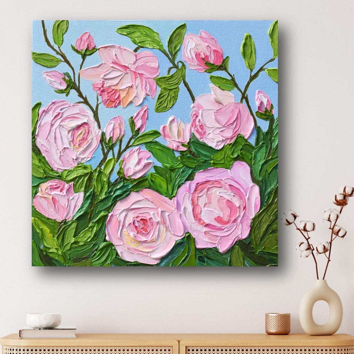 Pink Roses Painting Impasto Textured Floral Artwork Green Leaves Print - Image 3