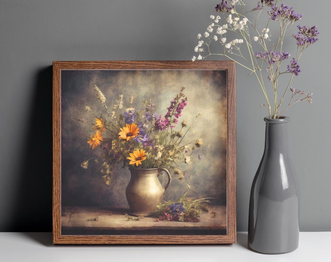 Wildflower Vase Painting Spring Cottagecore Farmhouse Still Life Flower Vintage Art Print French Country Farmhouse Antique Oil Painting - Image 6