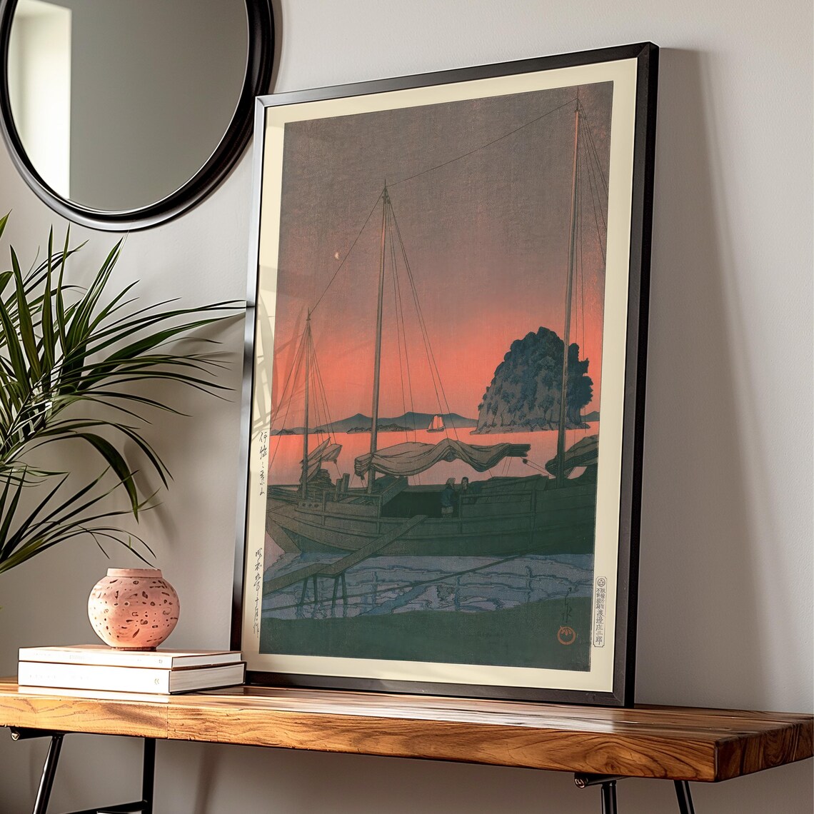 Kawase Hasui Sunset Sailboat Japanese Woodblock Seascape Print - Image 2