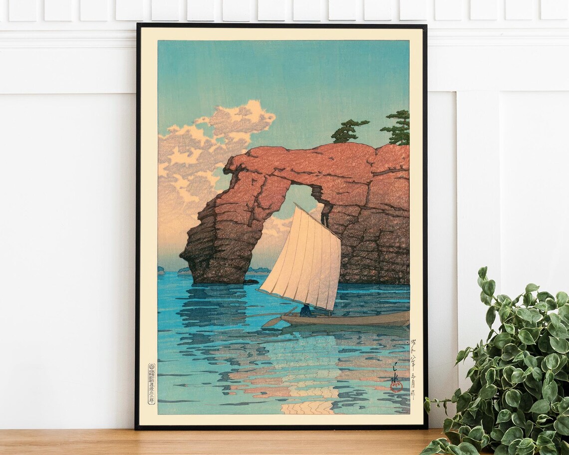 Kawase Hasui Sailboat Red Rock Arch Vintage Japanese Woodblock Print