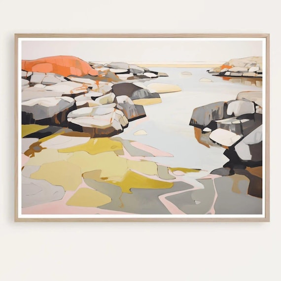 Abstract Rocky Shoreline Painting Geometric Stones Modern Art Poster