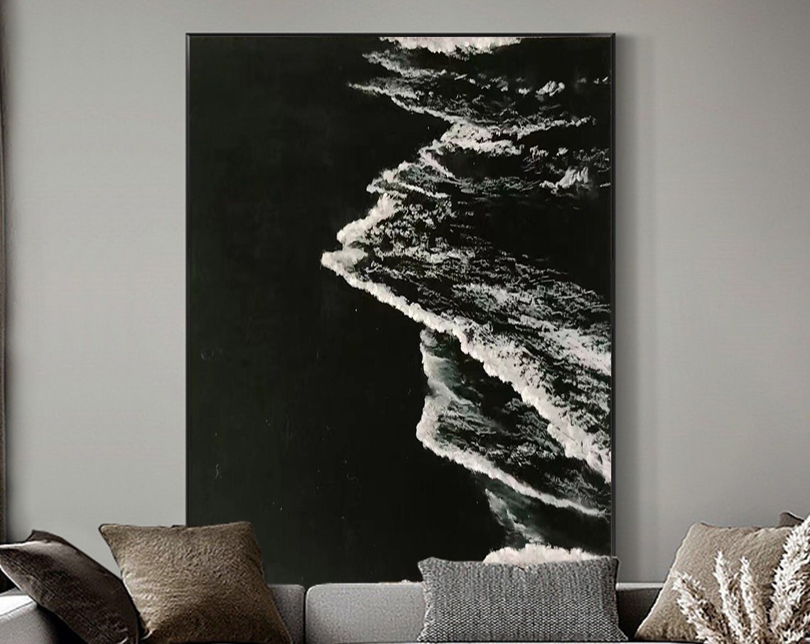 Black And White Aerial Ocean Waves Abstract Modern Art Poster Large - Image 2