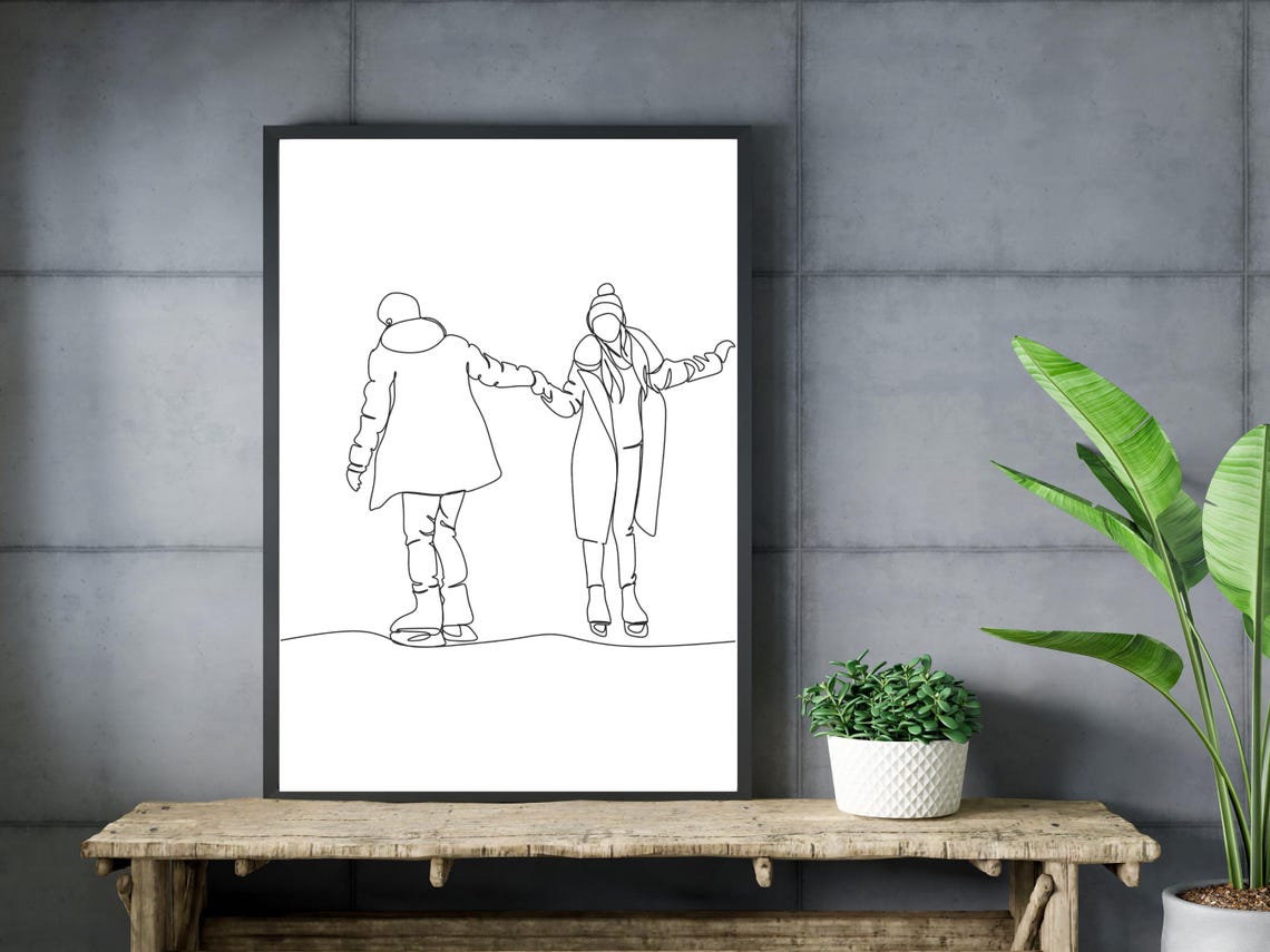Romantic Couple Ice Skating Hand In Hand Winter Line Art Poster - Image 3