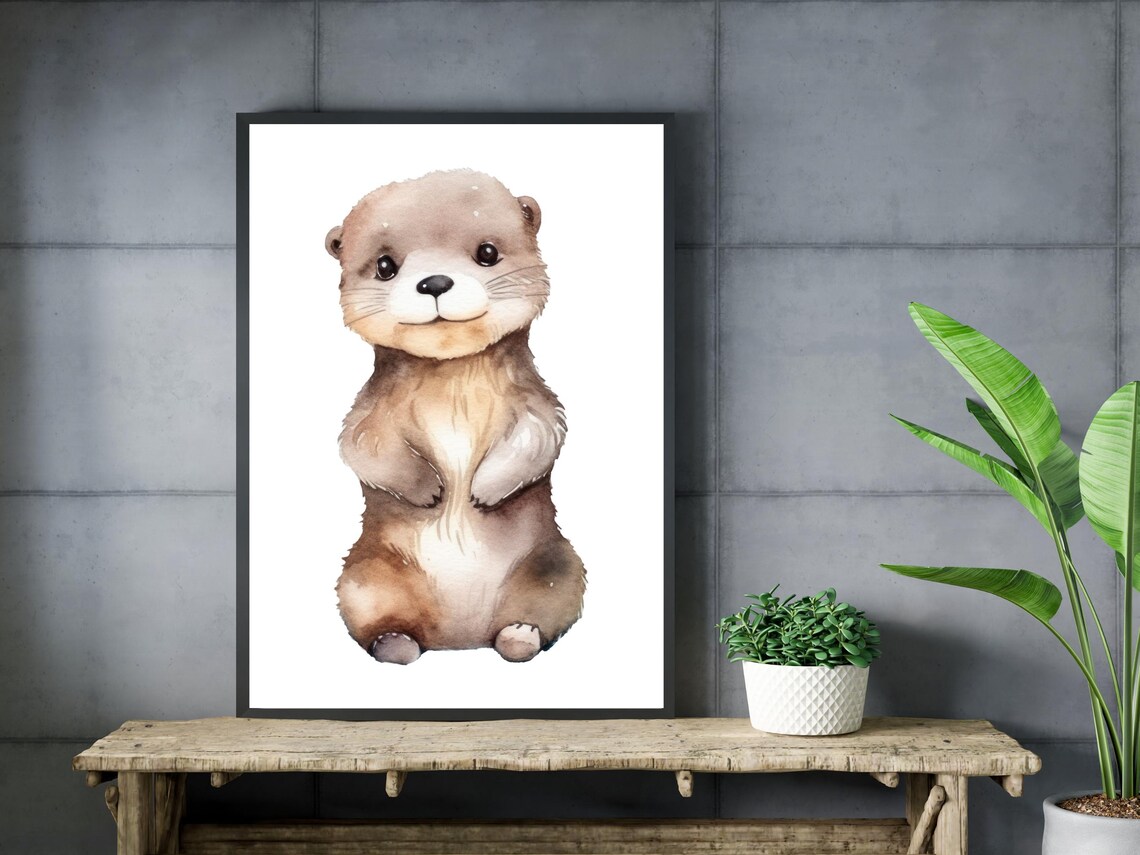 Adorable Baby Otter Watercolor Painting Nursery Animal Wall Art - Image 3