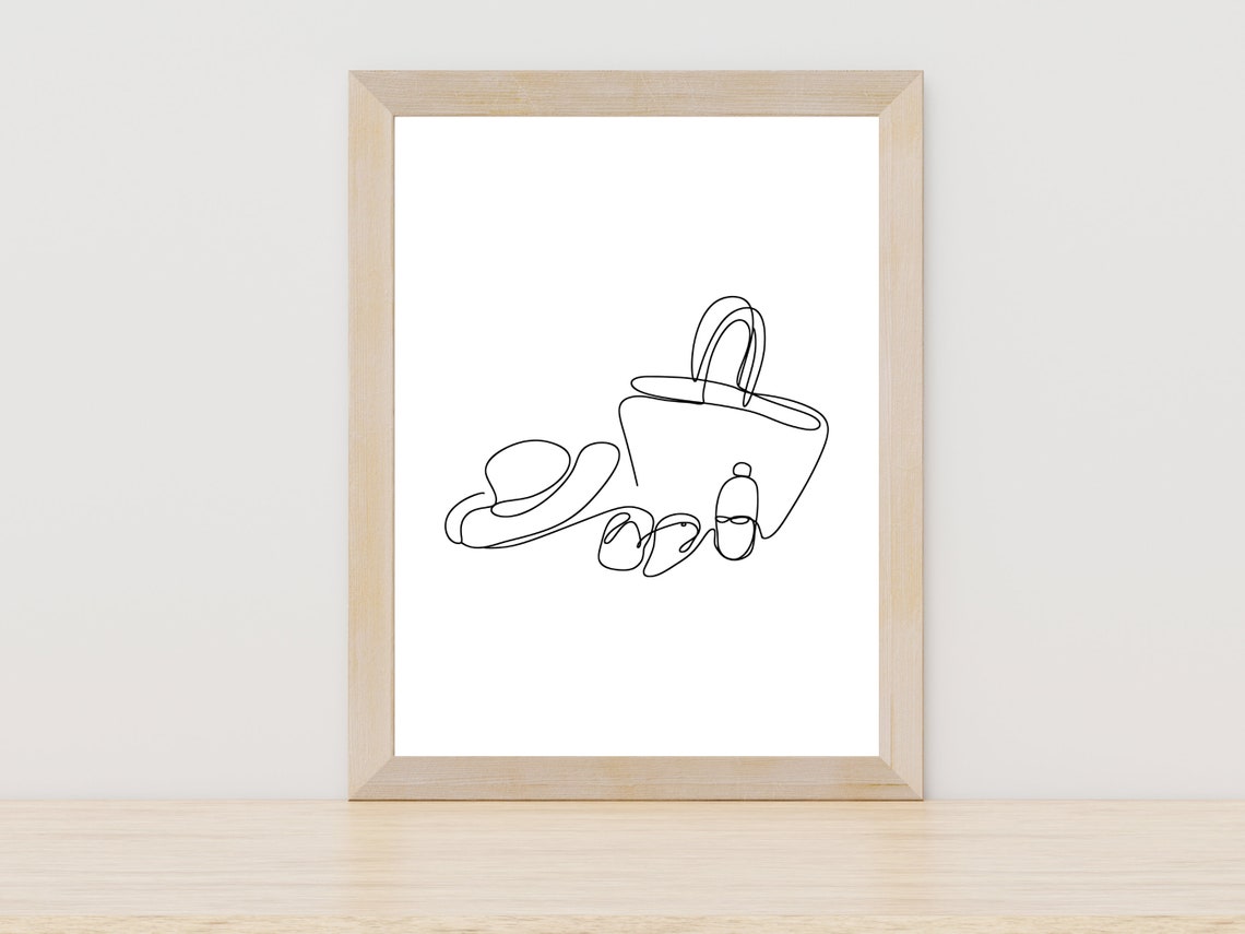 Beach Bag Hat Sunglasses One Line Art Summer Travel Decor Wall Art