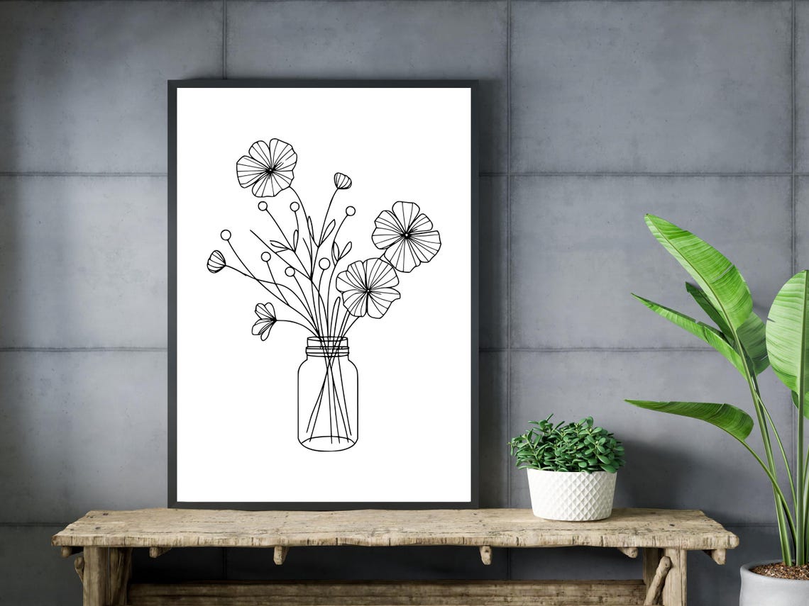 Wildflowers In Mason Jar Minimalist Botanical Line Art Poster - Image 3