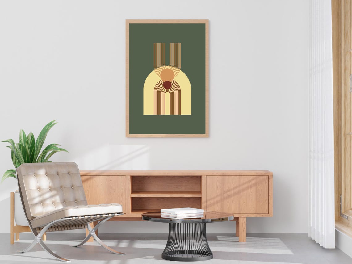 Mid Century Modern Arch Abstract Art Sage Green Mustard Wall Art - Image 4