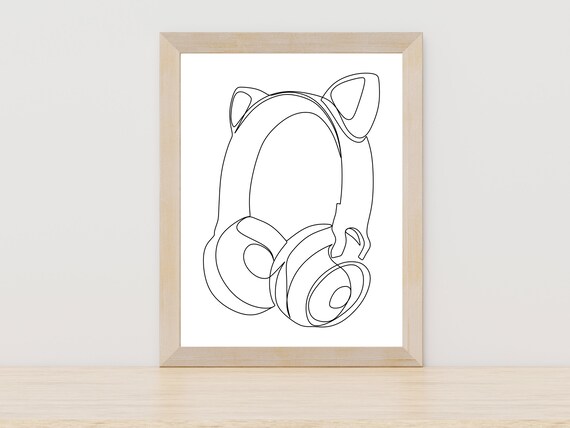 Cat Ear Headphones One Line Art Anime Gamer Music Lover Poster
