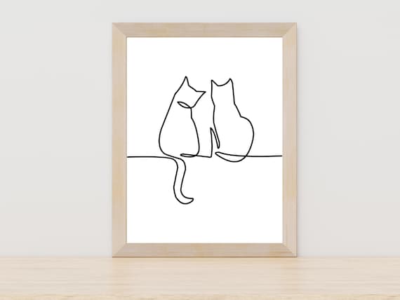 Two Cats Continuous Line Art Minimalist Cat Lovers Wall Poster