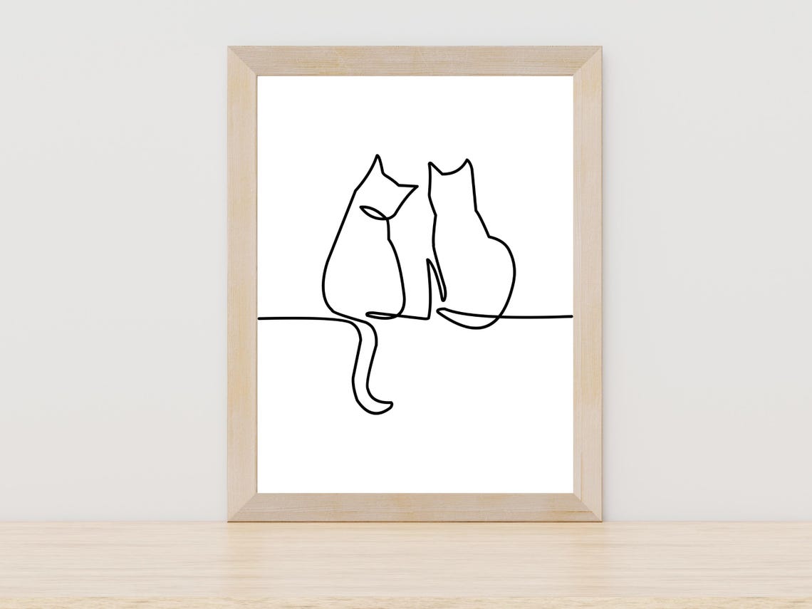 Two Cats Continuous Line Art Minimalist Cat Lovers Wall Poster