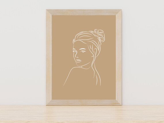 Elegant Woman Portrait Line Art on Warm Tan Background Poster