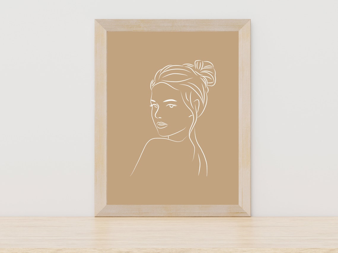 Elegant Woman Portrait Line Art on Warm Tan Background Poster