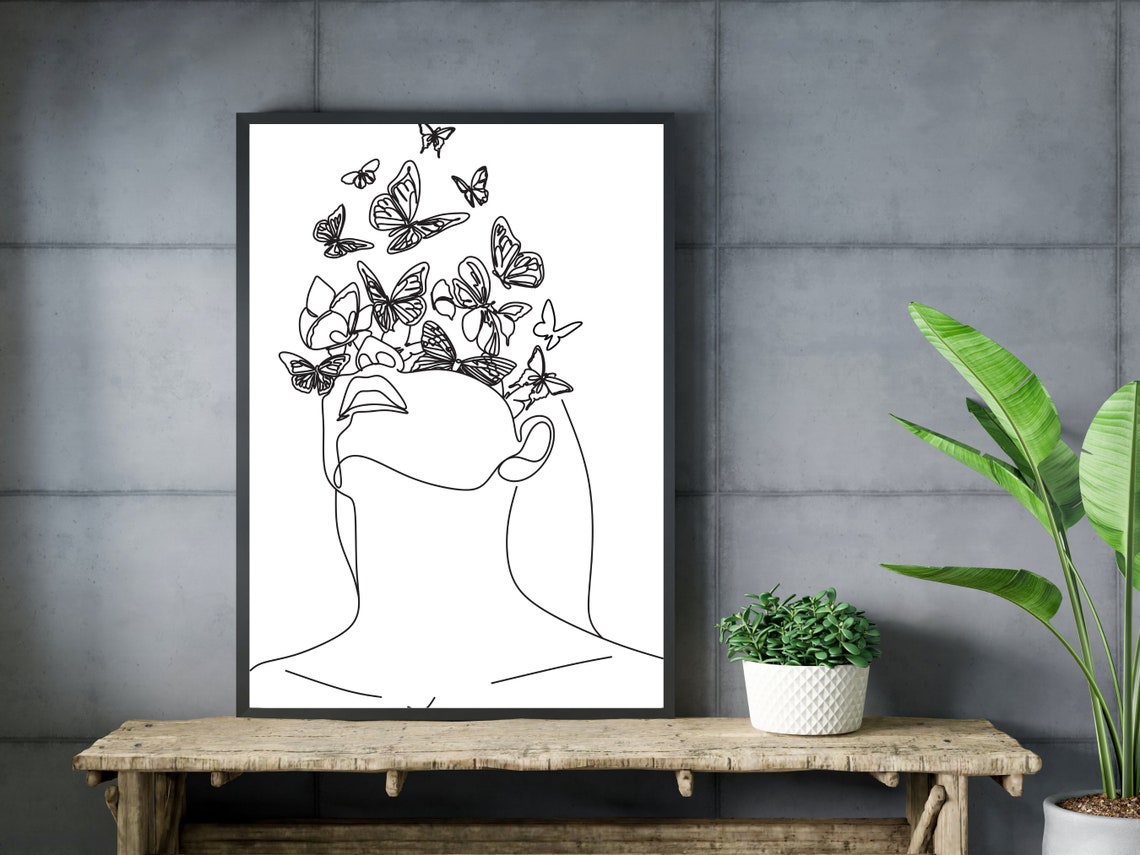 Woman Head Back Butterflies One Line Art Female Mindful Poster - Image 3