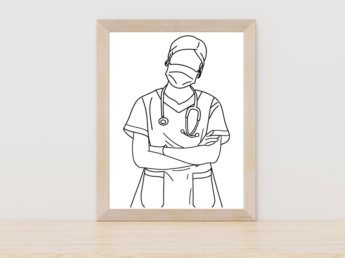 Masked Nurse With Stethoscope Line Art Healthcare Hero Gift Poster