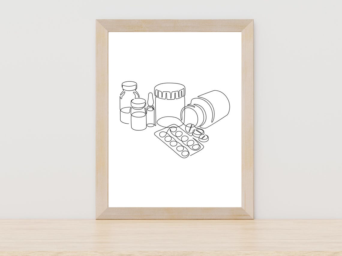 Medicine Bottles and Pills Minimalist Line Art Pharmacy Poster