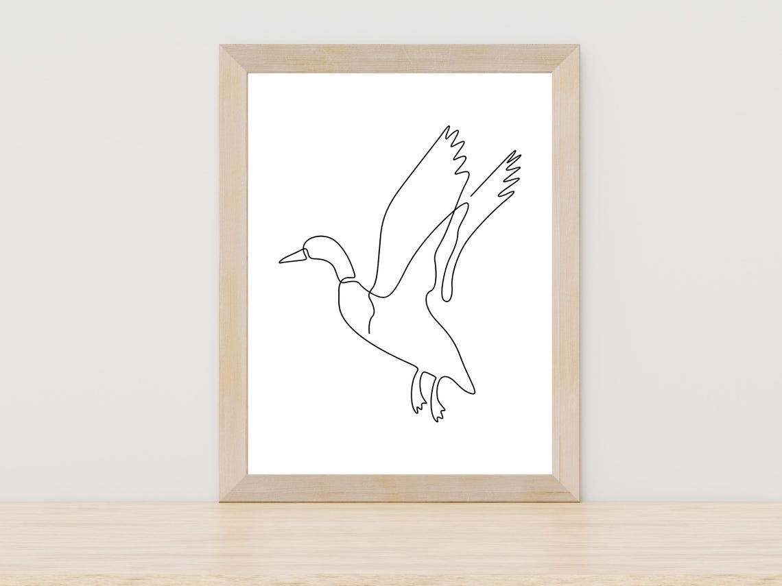 Flying Duck One Line Drawing Minimalist Bird Hunting Cabin Art Poster