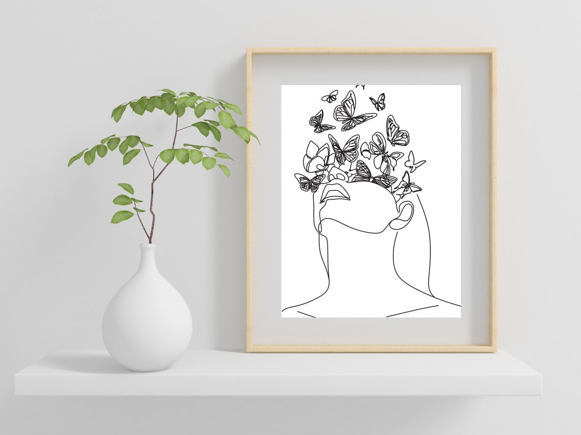 Woman Head Back Butterflies One Line Art Female Mindful Poster - Image 2