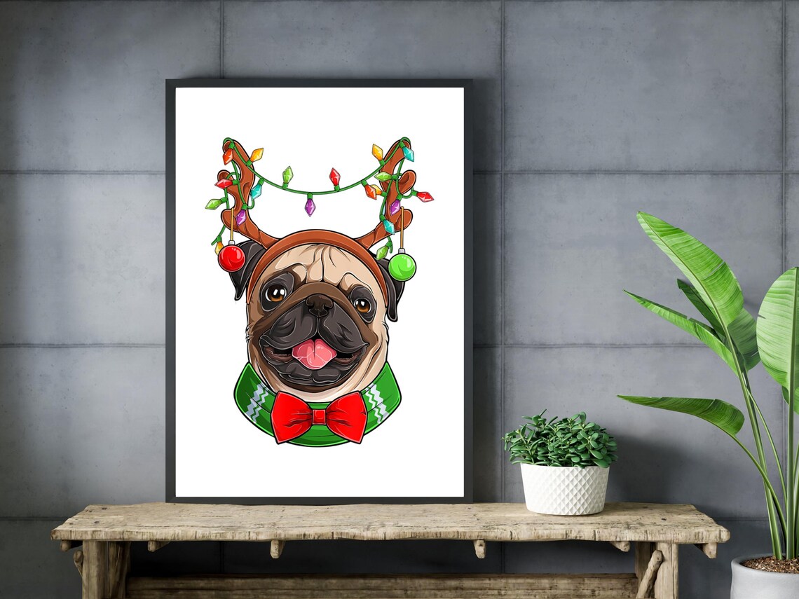 Christmas Pug Painting Reindeer Antlers Holiday Dog Gift Wall Art - Image 3
