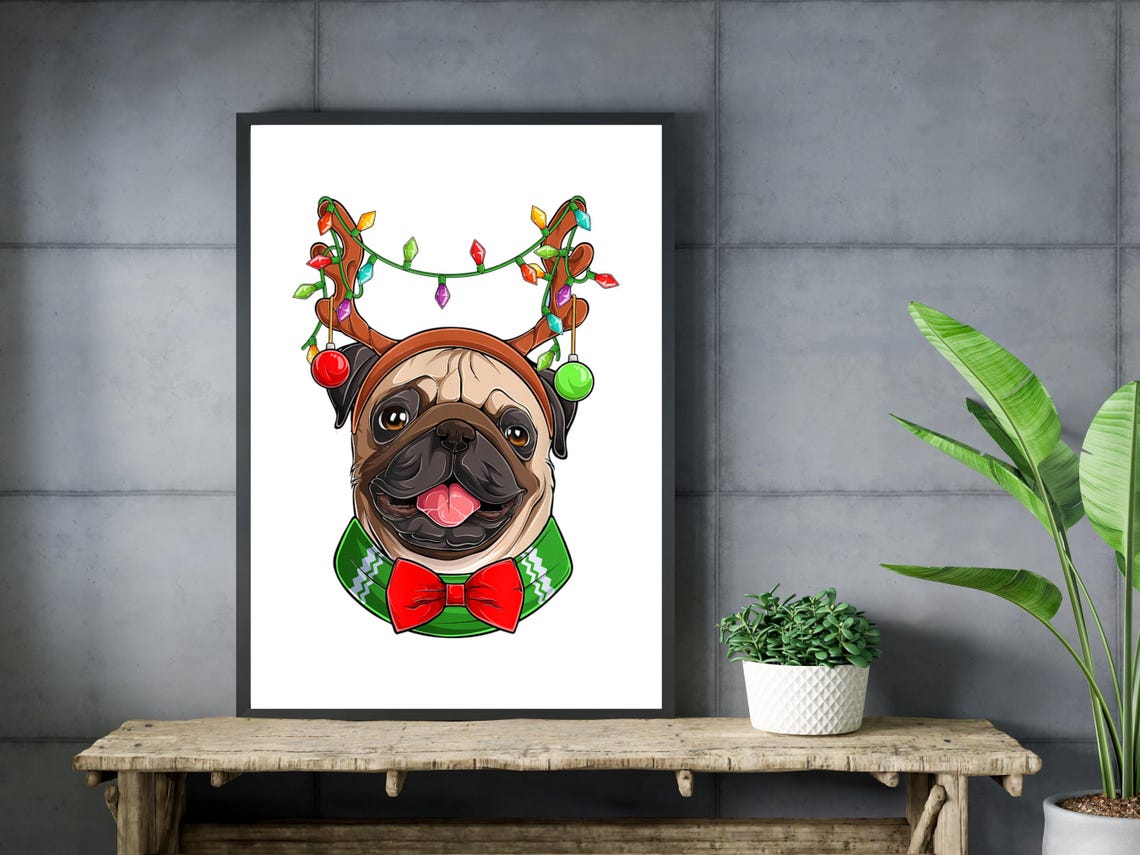 Pug Christmas Painting Holiday Dog Art Christmas Dog Illustration Pug Art Print Festive Pug Print Christmas Pug Art Holiday Pug Decor - Image 3