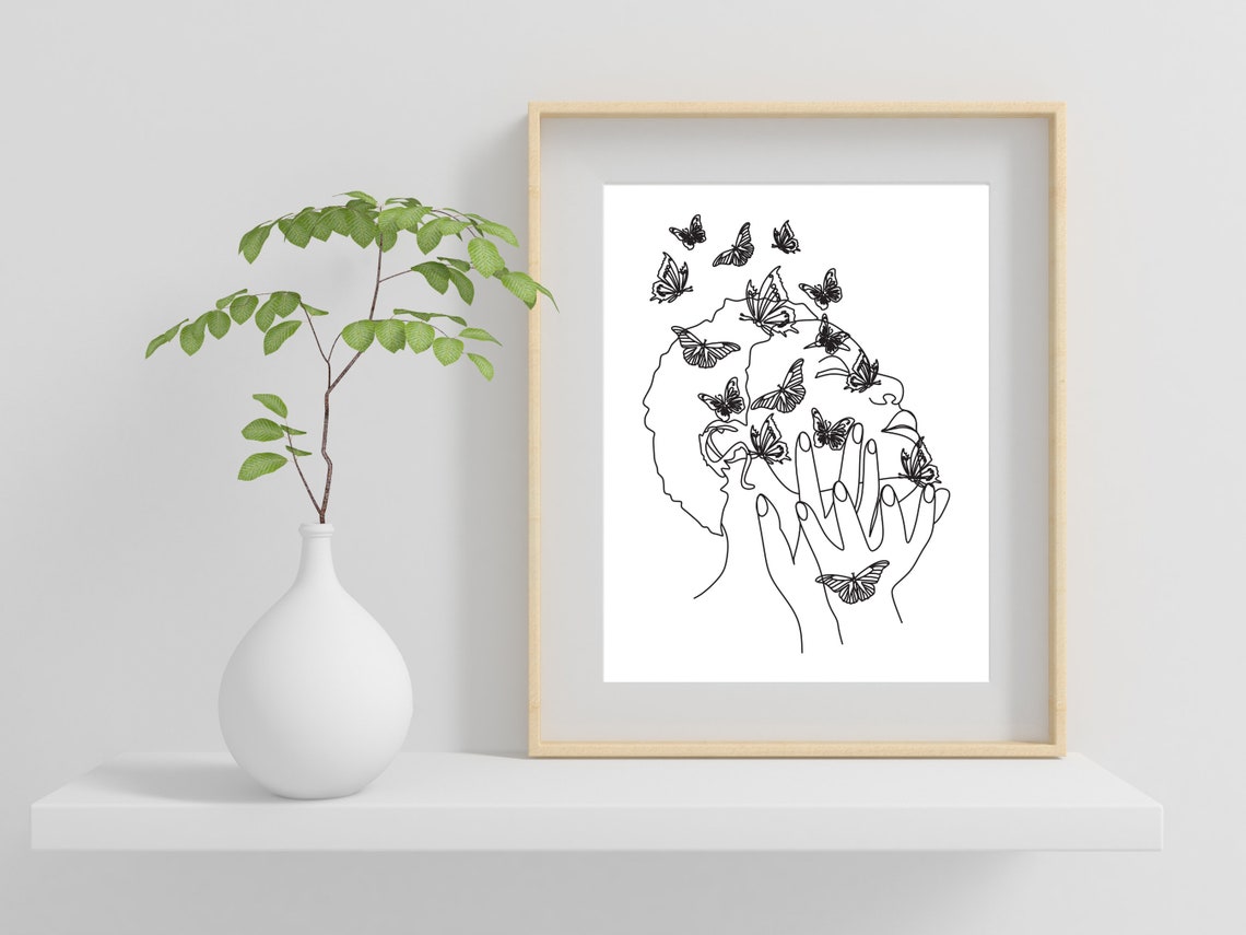 Beautiful Woman With Butterflies Minimalist Line Drawing Print - Image 2