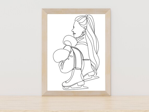 Figure Skater Woman Holding Ice Skates Minimalist Line Art Sport Poster