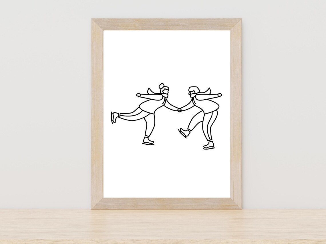Two Women Ice Skating Together Happy Winter Line Art Sport Poster