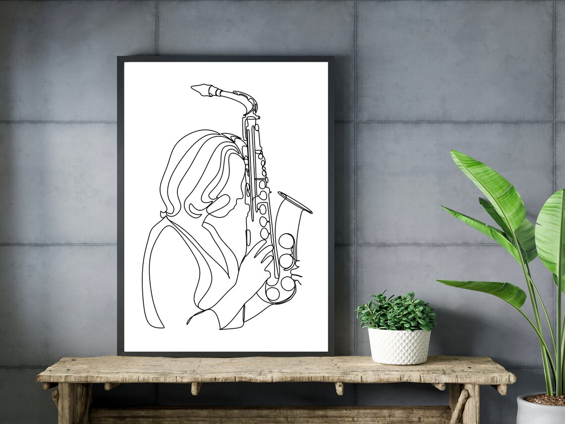 Woman Playing Saxophone Elegant Jazz Musician Line Art Print - Image 3