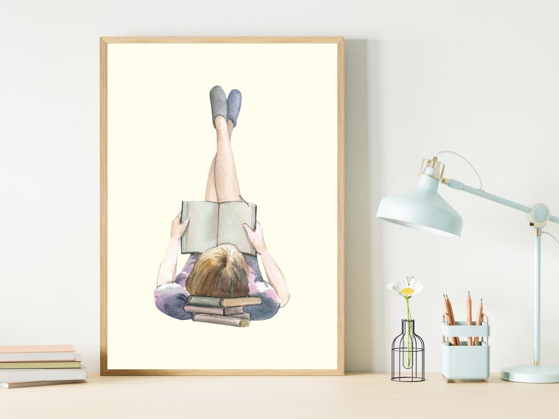 Girl Reading Books Watercolor Book Lover Gift Bookish Art Poster - Image 3