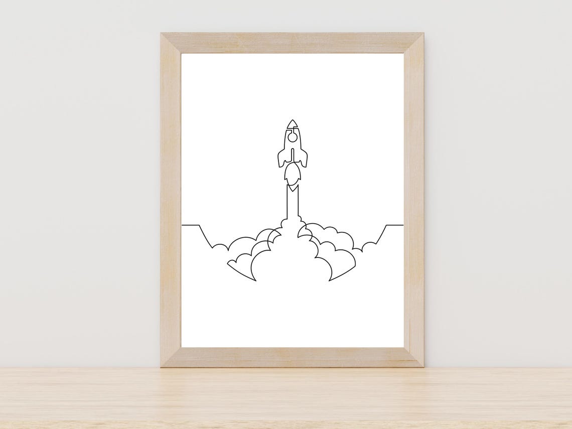 Minimalist Rocket Launch Continuous Line Art Space Decor Poster