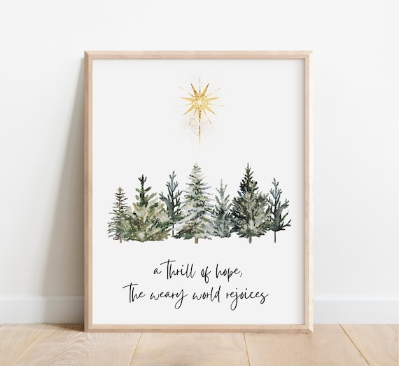 A Thrill of Hope Christmas Watercolor Pine Trees Gold Star Poster