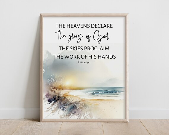 Psalm 191 The Heavens Proclaim Glory Of God Bible Verse Wall Art Scripture Print Christian Gift Watercolor Seascape Ocean Beach