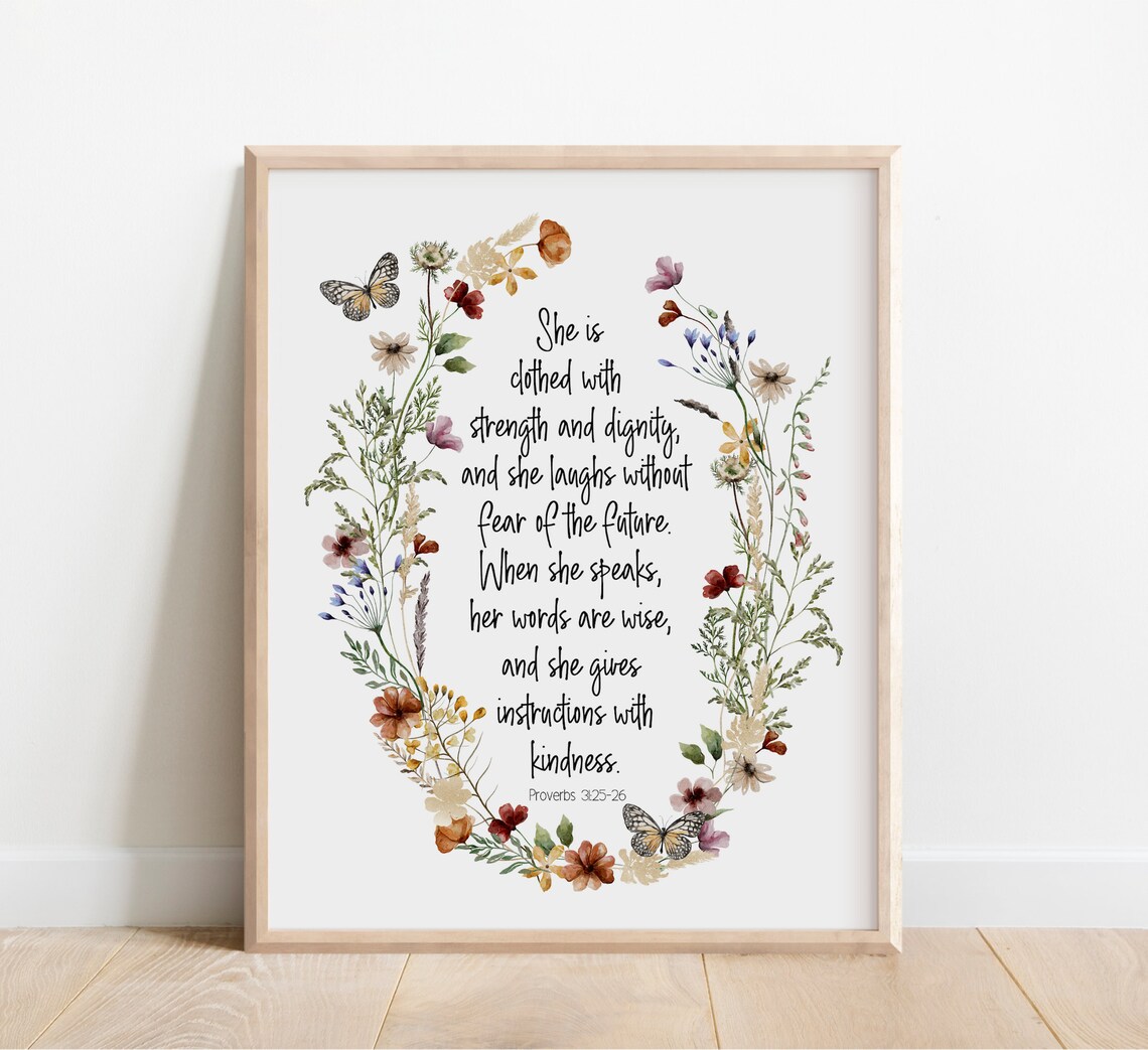 Proverbs 31:25 Scripture Art Print, Watercolor Floral